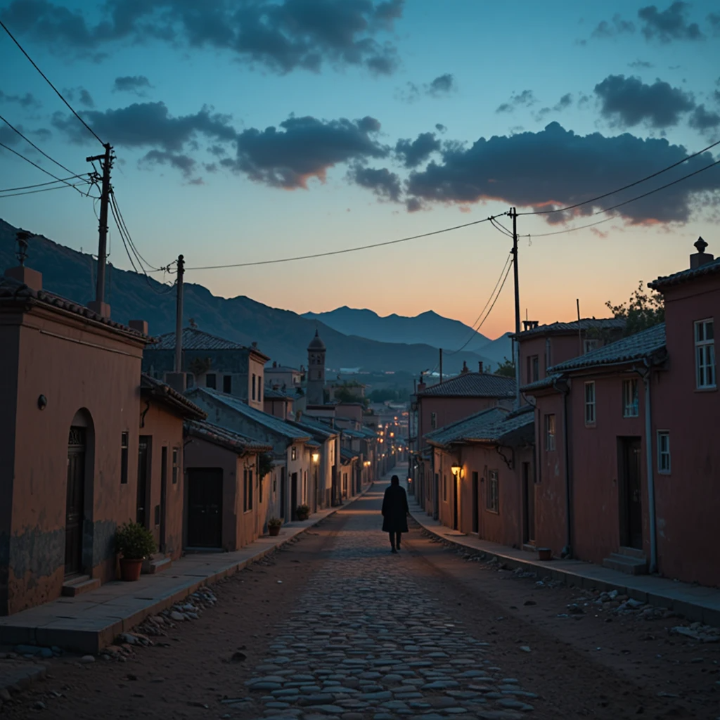 قرية مغربية هادئة عند الغروب مع شخص يتأمل