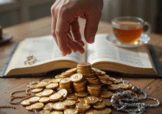 يد تدفع عملات ذهبية وفضية تعبيراً عن رفض المال والتعلق بالقناعة