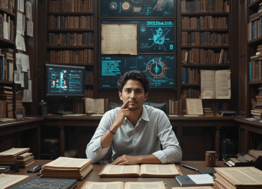 مؤرخ حديث يجلس على مكتب مغطى بالوثائق القديمة وشاشات رقمية تعرض بيانات تاريخية وخوارزميات الذكاء الاصطناعي