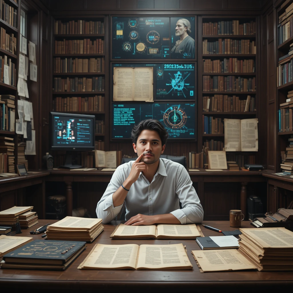 مؤرخ حديث يجلس على مكتب مغطى بالوثائق القديمة وشاشات رقمية تعرض بيانات تاريخية وخوارزميات الذكاء الاصطناعي