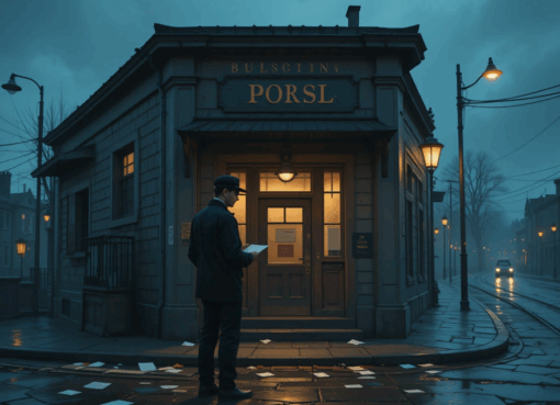 رجل وحيد أمام مبنى بريد قديم يحمل رسالة، يعكس الحنين والتأمل