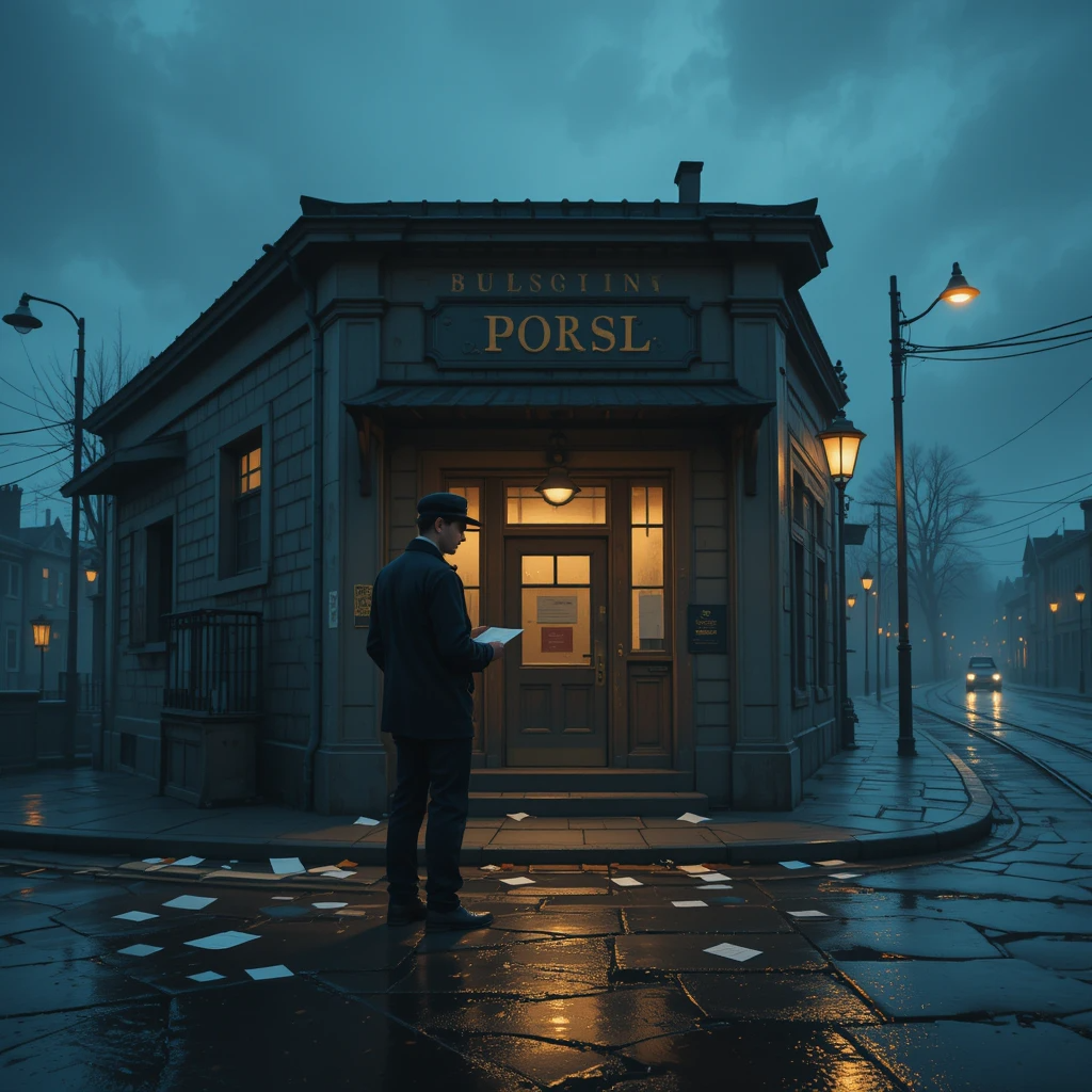 رجل وحيد أمام مبنى بريد قديم يحمل رسالة، يعكس الحنين والتأمل