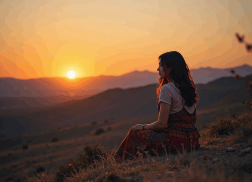 فتاة أمازيغية صغيرة تجلس فوق ربوة عند الغروب تتأمل الأفق بحنين