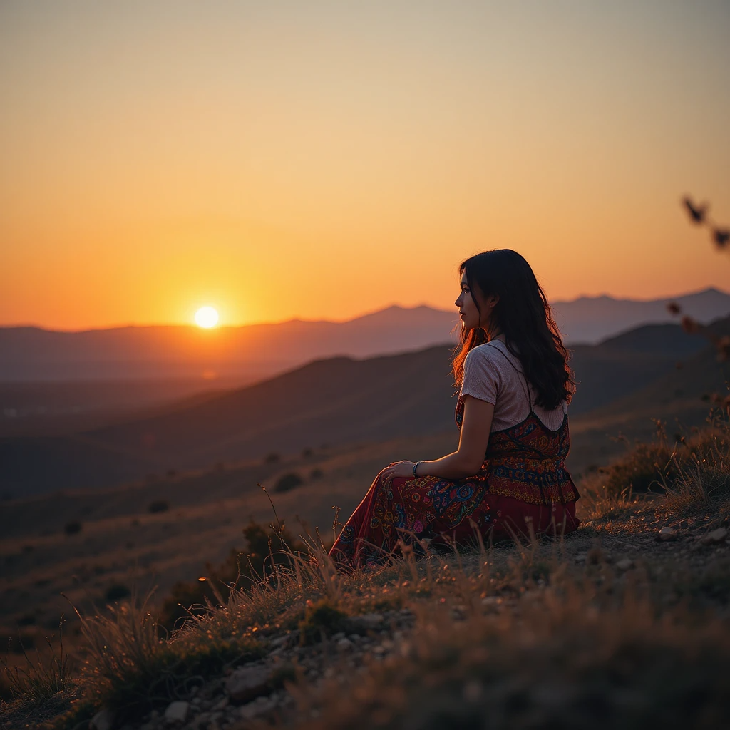 فتاة أمازيغية صغيرة تجلس فوق ربوة عند الغروب تتأمل الأفق بحنين