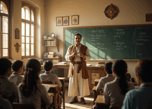 صورة لمعلم مغربي داخل فصل دراسي يشرح لتلاميذه في أجواء دافئة تعبّر عن رسالة التعليم النبيلة.