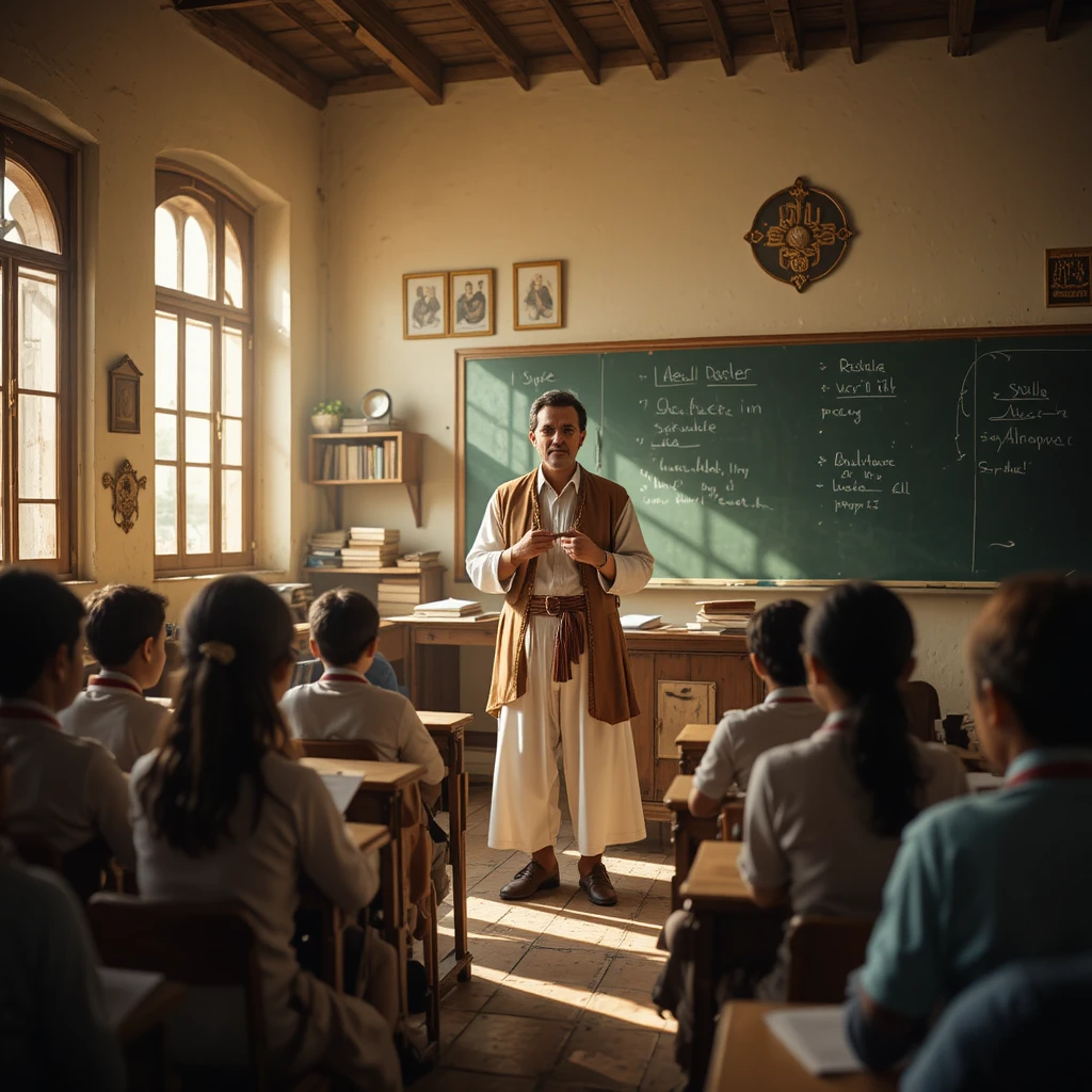 صورة لمعلم مغربي داخل فصل دراسي يشرح لتلاميذه في أجواء دافئة تعبّر عن رسالة التعليم النبيلة.