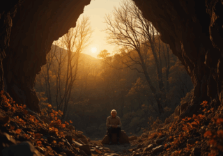 رجل مسن يجلس أمام كهف عند الغروب، تحيط به أشجار يابسة وضوء ذهبي يعكس حنين الزمن.