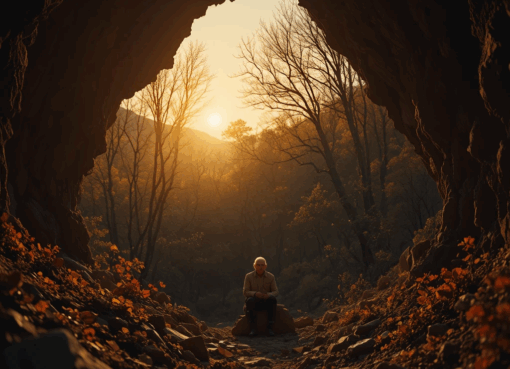 رجل مسن يجلس أمام كهف عند الغروب، تحيط به أشجار يابسة وضوء ذهبي يعكس حنين الزمن.