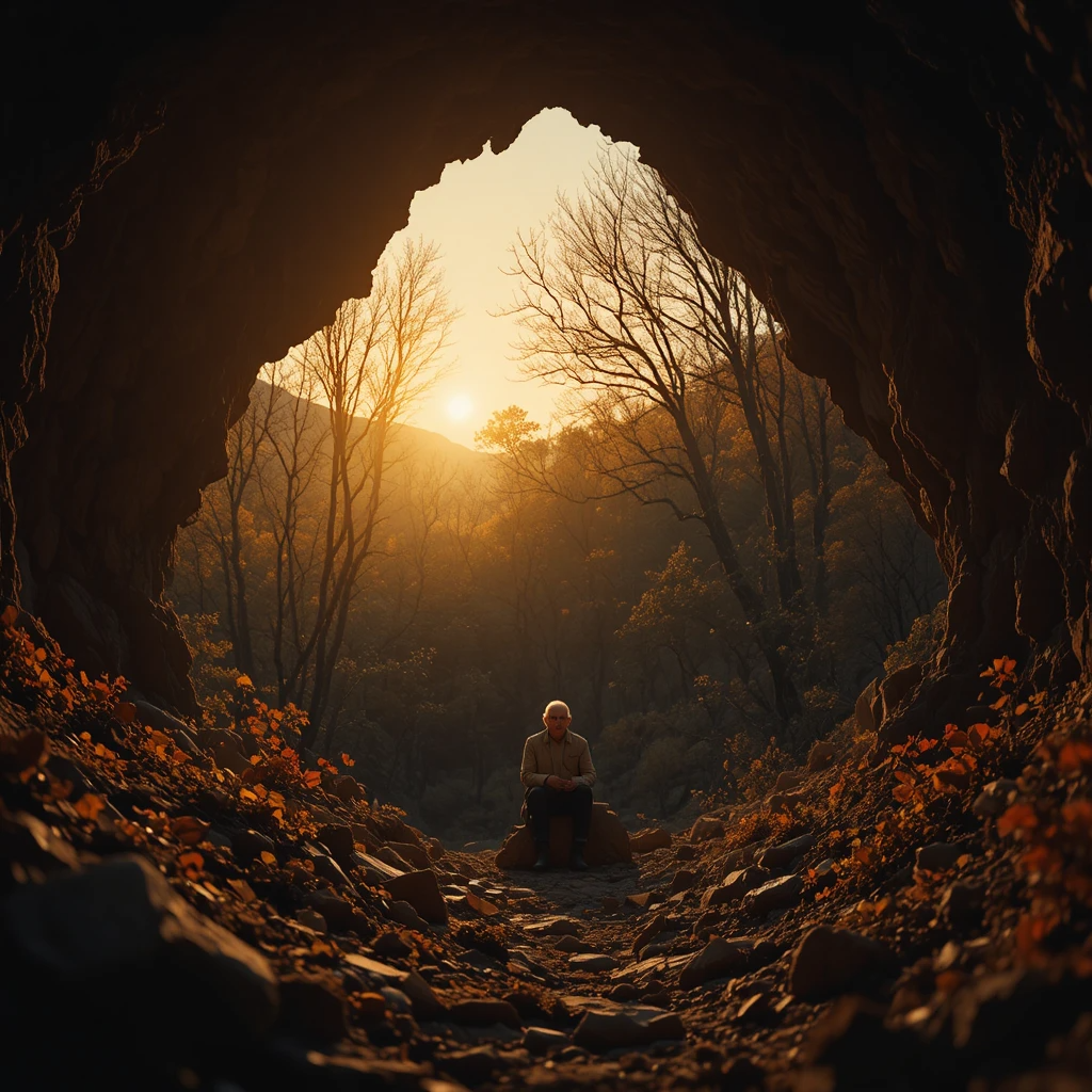 رجل مسن يجلس أمام كهف عند الغروب، تحيط به أشجار يابسة وضوء ذهبي يعكس حنين الزمن.