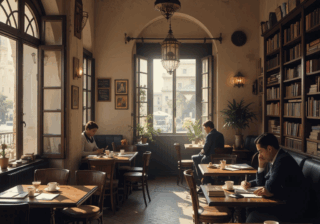 الداخل الدافئ لمقهى مغربي قديم في الرباط، حيث يجلس مثقفون وطلبة بين الكتب وأكواب القهوة في جو هادئ حميمي.