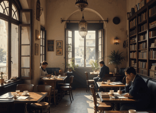 الداخل الدافئ لمقهى مغربي قديم في الرباط، حيث يجلس مثقفون وطلبة بين الكتب وأكواب القهوة في جو هادئ حميمي.