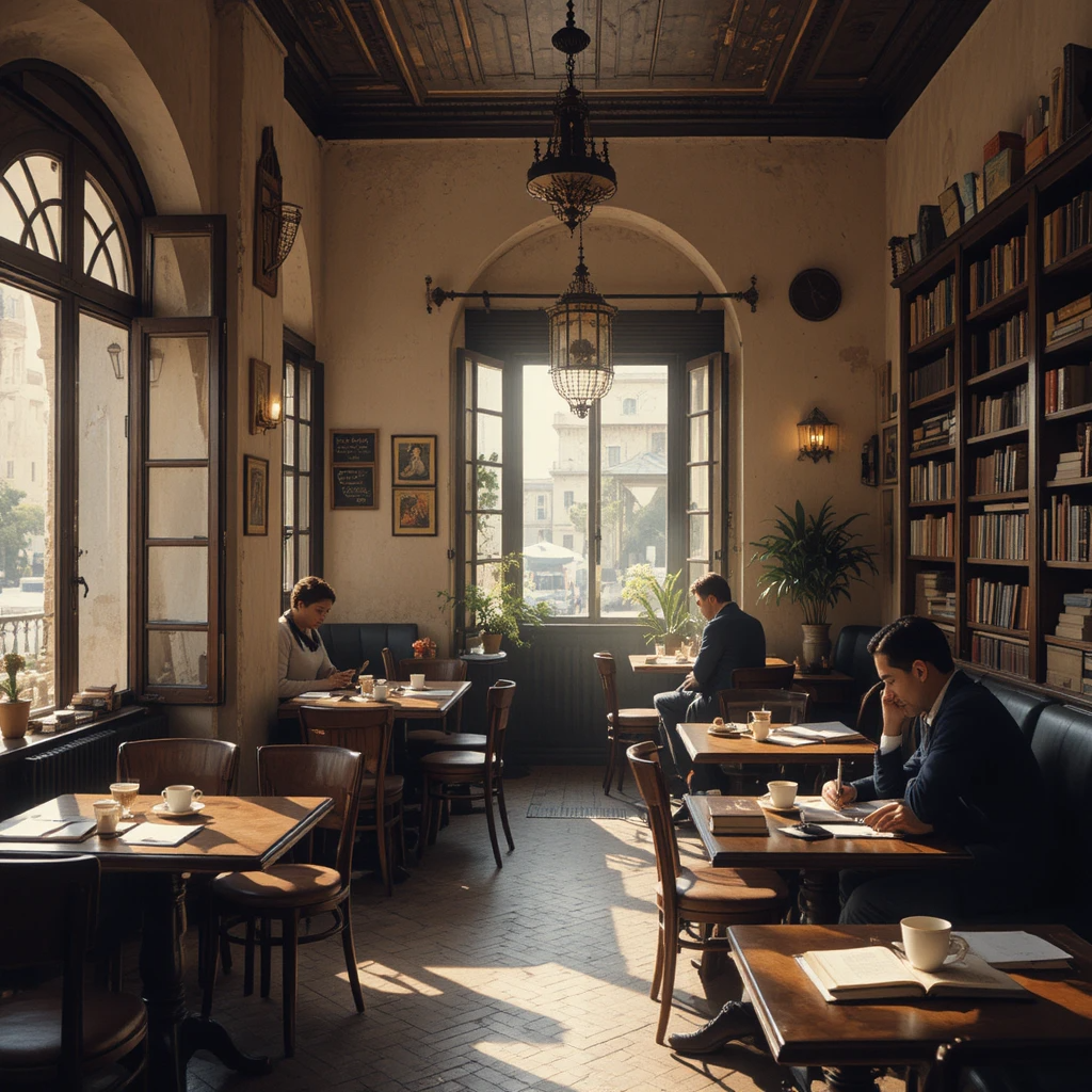 الداخل الدافئ لمقهى مغربي قديم في الرباط، حيث يجلس مثقفون وطلبة بين الكتب وأكواب القهوة في جو هادئ حميمي.