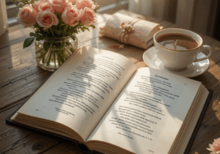 كتاب مفتوح بجانبه فنجان قهوة وورود، يرمز إلى الحنين والرومانسية في قصيدة أعدت ترتيب أحاسيسي لفريدة عدنان.