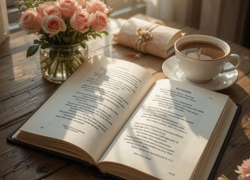 كتاب مفتوح بجانبه فنجان قهوة وورود، يرمز إلى الحنين والرومانسية في قصيدة أعدت ترتيب أحاسيسي لفريدة عدنان.