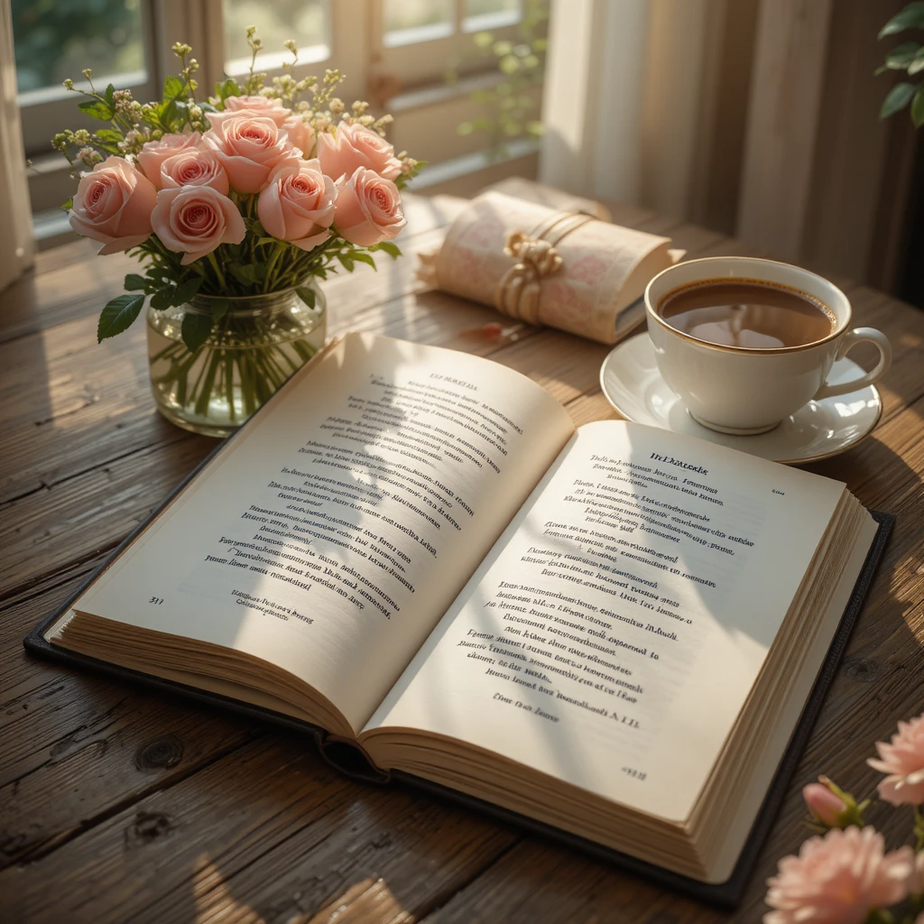 كتاب مفتوح بجانبه فنجان قهوة وورود، يرمز إلى الحنين والرومانسية في قصيدة أعدت ترتيب أحاسيسي لفريدة عدنان.