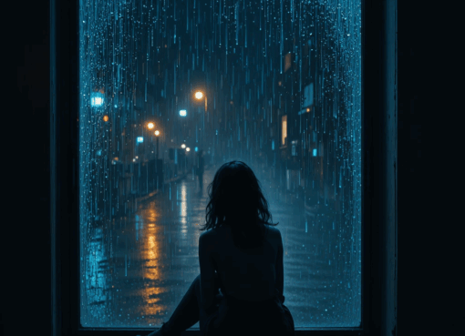 امرأة تجلس وحيدة قرب نافذة في ليلة ماطرة تتأمل انعكاسها بحزن
