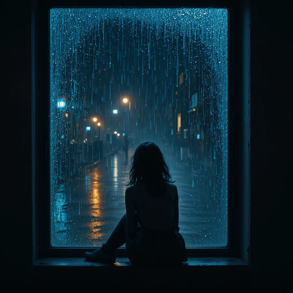 امرأة تجلس وحيدة قرب نافذة في ليلة ماطرة تتأمل انعكاسها بحزن