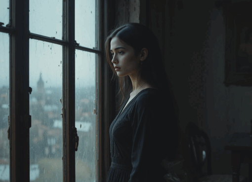 امرأة مغربية شابة تقف قرب نافذة يتسلل منها ضوء باهت، تبدو حزينة وغارقة في التفكير