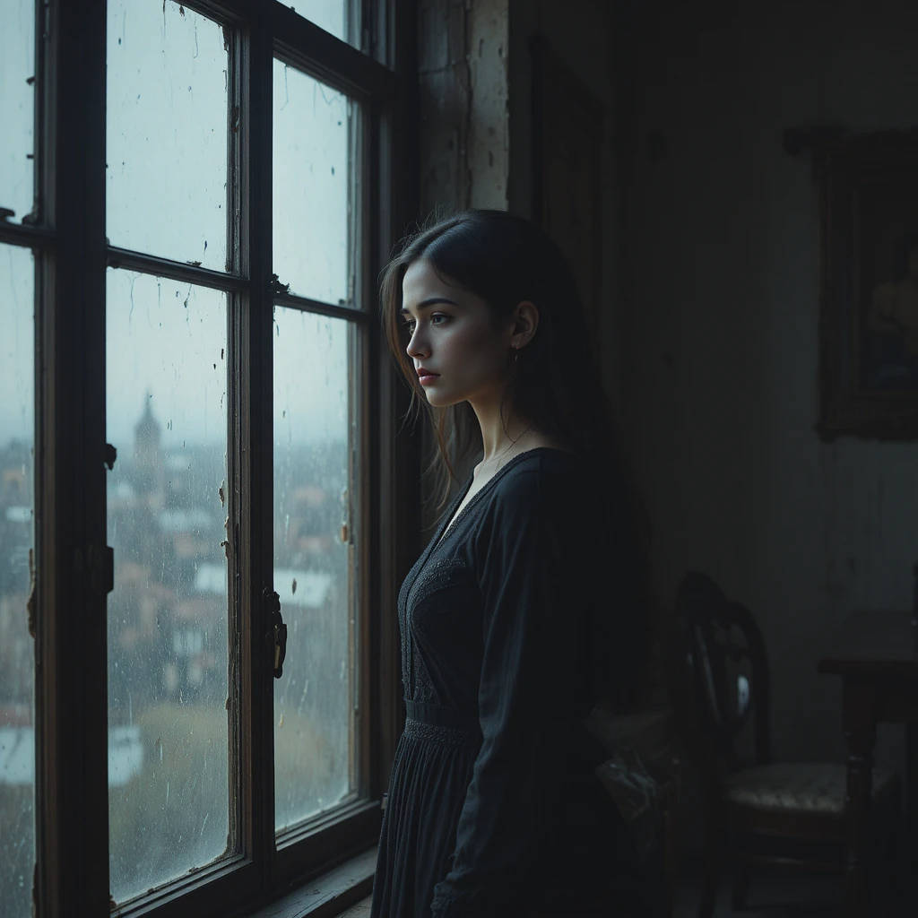 امرأة مغربية شابة تقف قرب نافذة يتسلل منها ضوء باهت، تبدو حزينة وغارقة في التفكير