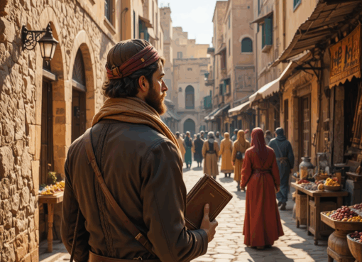 رحّالة أوروبي في القرن التاسع عشر يتأمل شوارع المدينة القديمة في المغرب، محاطًا بأسواق ملونة وناس يرتدون أزياء تقليدية، ممسكًا بمذكرة سفر جلدية.