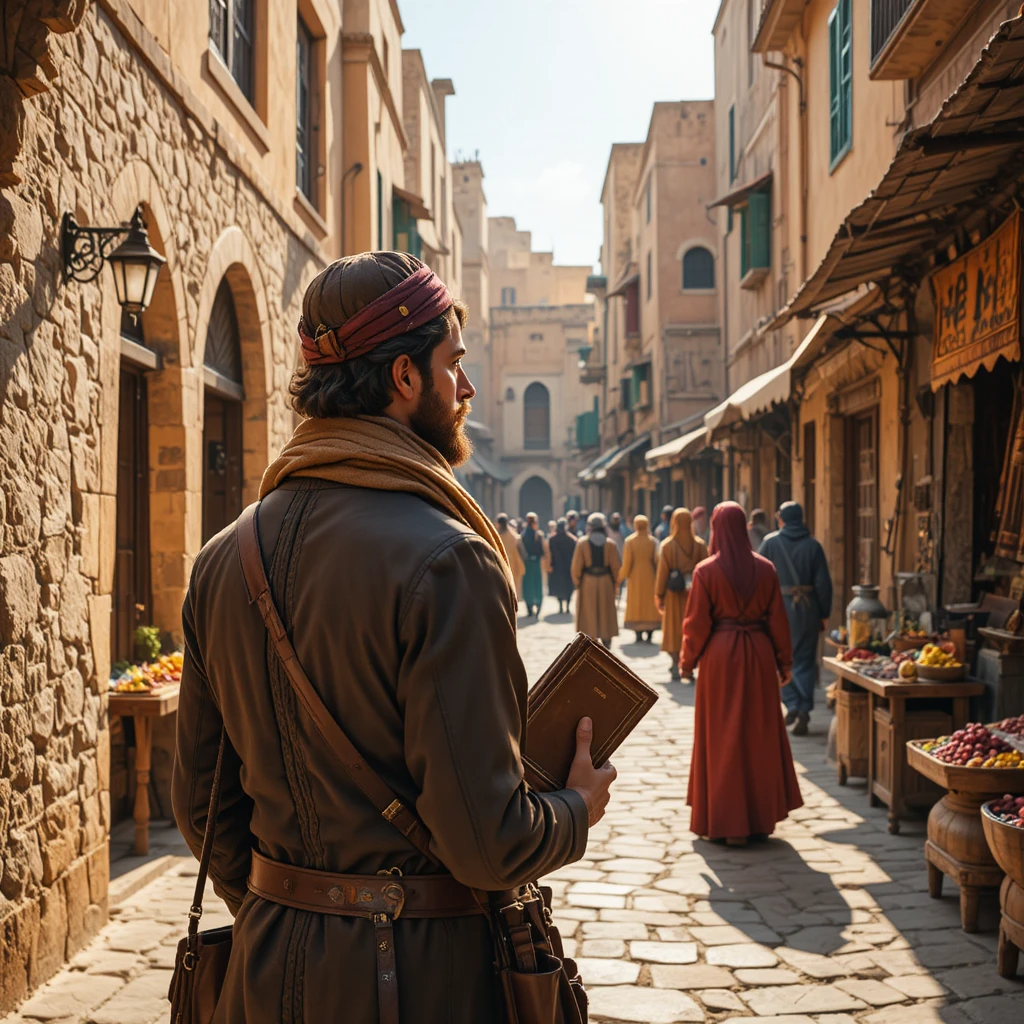 رحّالة أوروبي في القرن التاسع عشر يتأمل شوارع المدينة القديمة في المغرب، محاطًا بأسواق ملونة وناس يرتدون أزياء تقليدية، ممسكًا بمذكرة سفر جلدية.