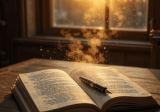 صورة فنية لكتاب مفتوح على طاولة خشبية عند الغروب يرمز إلى الشعر والحنين.