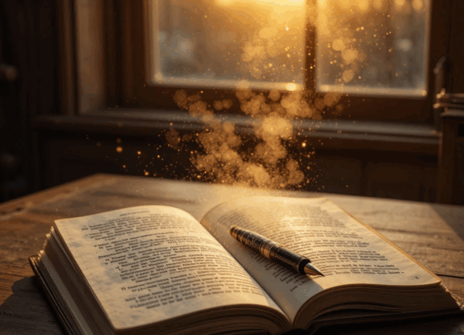 صورة فنية لكتاب مفتوح على طاولة خشبية عند الغروب يرمز إلى الشعر والحنين.