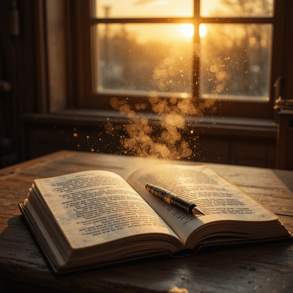 صورة فنية لكتاب مفتوح على طاولة خشبية عند الغروب يرمز إلى الشعر والحنين.