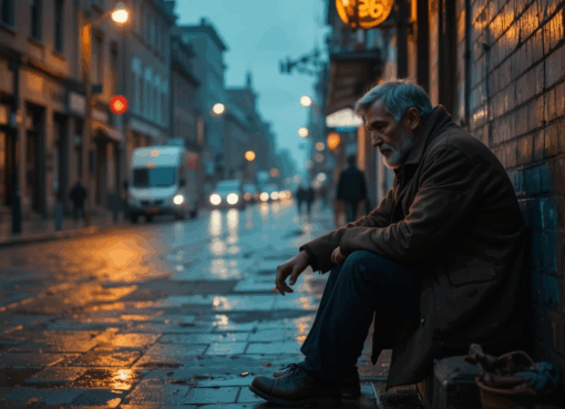 رجل مشرّد يجلس وحيدًا في شارع ممطر عند الغروب مرتديًا معطفًا مهترئًا.