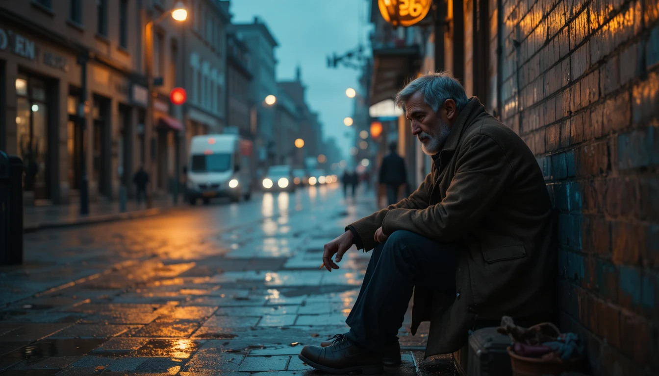 رجل مشرّد يجلس وحيدًا في شارع ممطر عند الغروب مرتديًا معطفًا مهترئًا.