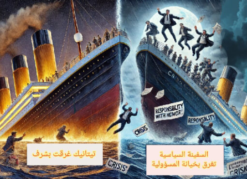 غرق سفينة ترمز إلى الحكومة المغربية وسط عاصفة، بينما تيتانيك تغرق بشرف في الخلفية.