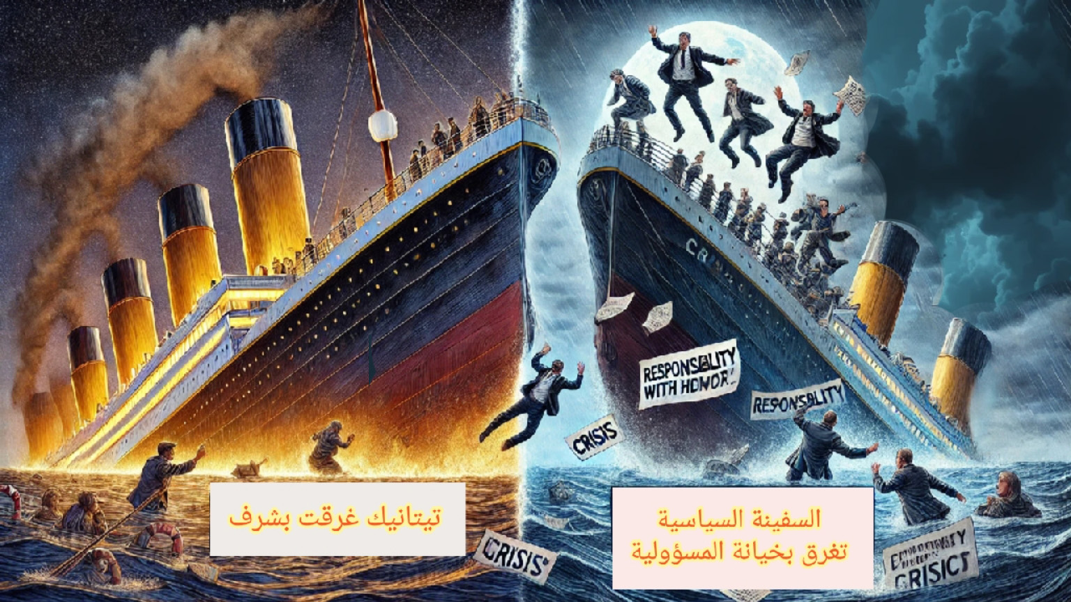 غرق سفينة ترمز إلى الحكومة المغربية وسط عاصفة، بينما تيتانيك تغرق بشرف في الخلفية.