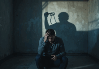 شخص يقف خلف ظلال تشبه السجن، يرمز إلى الخوف وفقدان الكرامة الإنسانية.