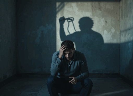 شخص يقف خلف ظلال تشبه السجن، يرمز إلى الخوف وفقدان الكرامة الإنسانية.