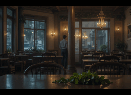 مشهد واقعي لرجل ينتظر عند باب مغلق في مقهى هادئ ليلاً، وعلى الطاولة عود ريحان أخضر يرمز إلى الحنين.