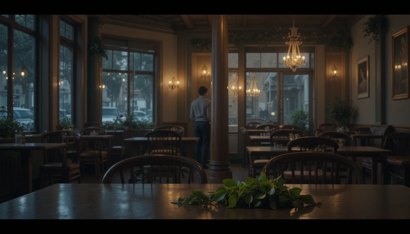 مشهد واقعي لرجل ينتظر عند باب مغلق في مقهى هادئ ليلاً، وعلى الطاولة عود ريحان أخضر يرمز إلى الحنين.