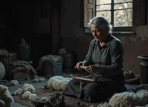 امرأة مسنة تغزل الصوف في غرفة مغربية هادئة عند الغروب، بملامح متعبة تعكس الصمت والوحدة.