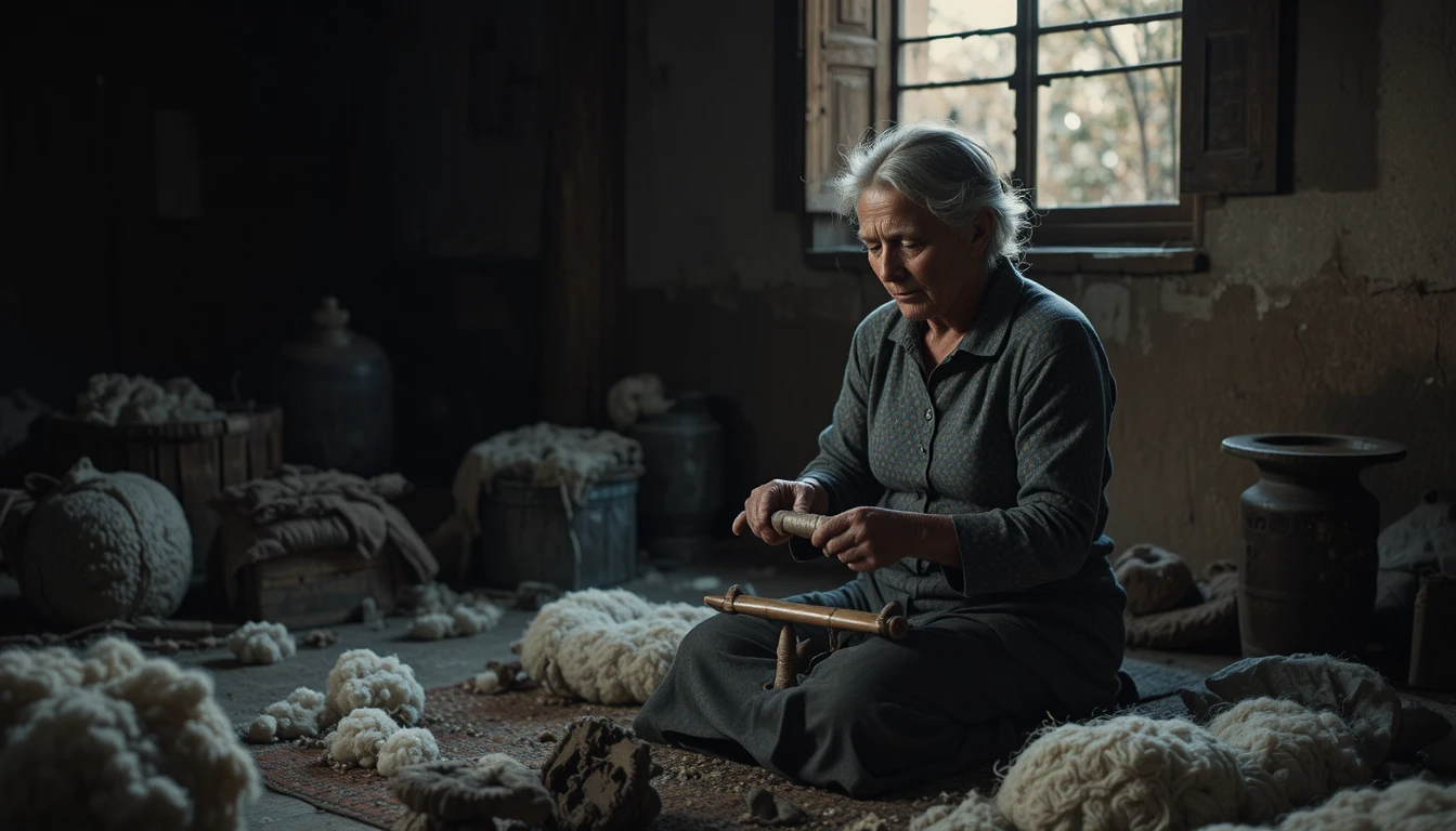 امرأة مسنة تغزل الصوف في غرفة مغربية هادئة عند الغروب، بملامح متعبة تعكس الصمت والوحدة.
