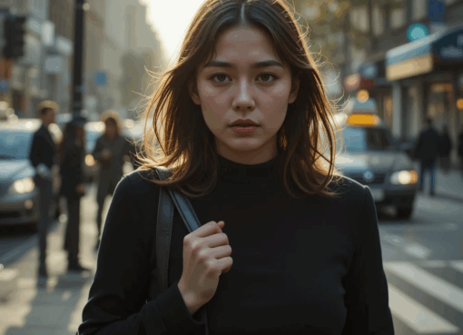 امرأة متعبة ترتدي الأسود، تحمل حقيبة، واقفة في شارع مزدحم، تعكس التعب والتفكير الداخلي.