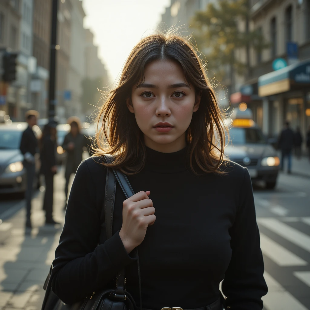 امرأة متعبة ترتدي الأسود، تحمل حقيبة، واقفة في شارع مزدحم، تعكس التعب والتفكير الداخلي.