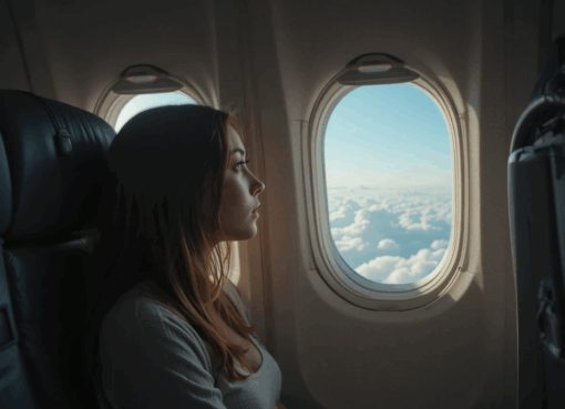 صورة لفتاة تتأمل الغيوم من نافذة الطائرة في لحظة وداع هادئة.
