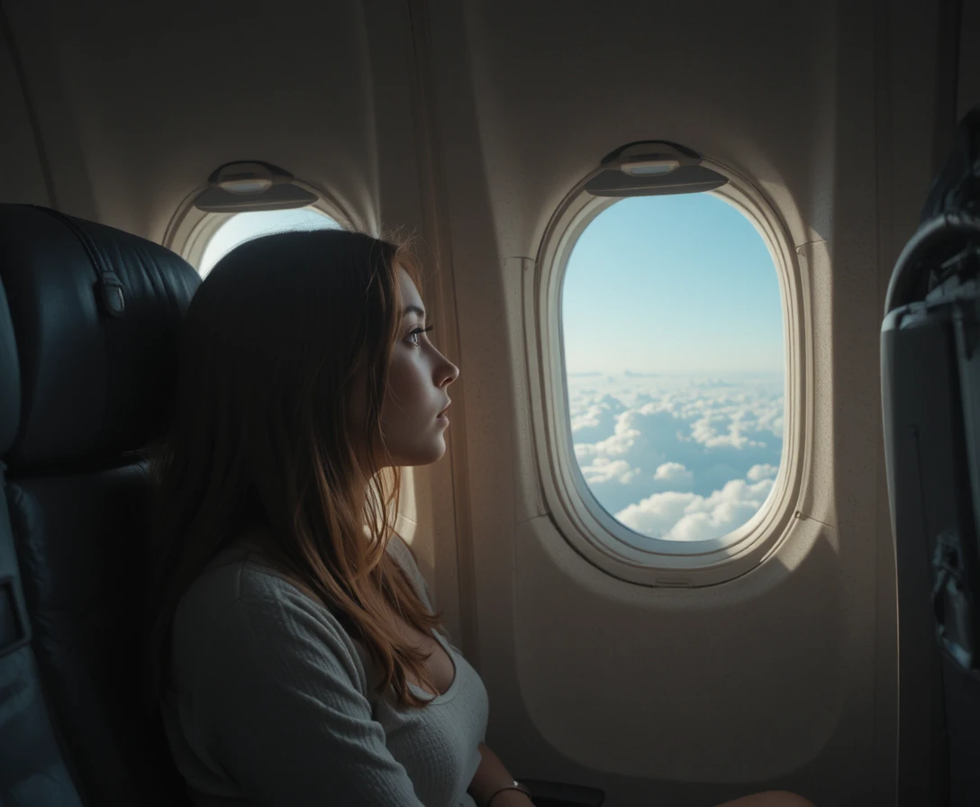 صورة لفتاة تتأمل الغيوم من نافذة الطائرة في لحظة وداع هادئة.