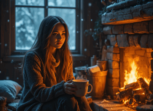 امرأة تجلس أمام مدفأة خشبية في ليلة شتوية مع كوب شاي بالأعشاب.