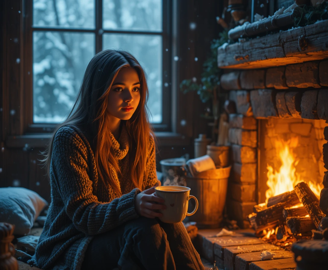 امرأة تجلس أمام مدفأة خشبية في ليلة شتوية مع كوب شاي بالأعشاب.