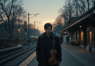 رجل يقف وحيدًا في رصيف محطة سفر ممسكًا بالكمان في مشهد يعكس الحنين والفقد