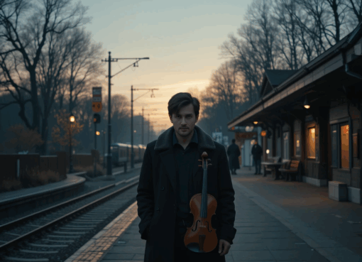 رجل يقف وحيدًا في رصيف محطة سفر ممسكًا بالكمان في مشهد يعكس الحنين والفقد