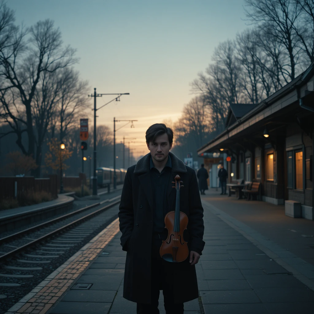 رجل يقف وحيدًا في رصيف محطة سفر ممسكًا بالكمان في مشهد يعكس الحنين والفقد