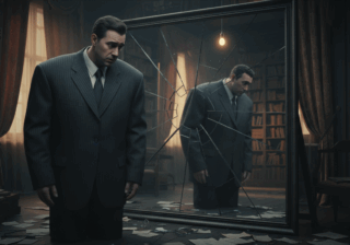 رجل يرتدي بدلة رسمية أكبر من مقاسه يقف أمام مرآة متشققة في إضاءة خافتة ترمز لوهم السلطة وانكشاف العجز.