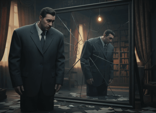 رجل يرتدي بدلة رسمية أكبر من مقاسه يقف أمام مرآة متشققة في إضاءة خافتة ترمز لوهم السلطة وانكشاف العجز.
