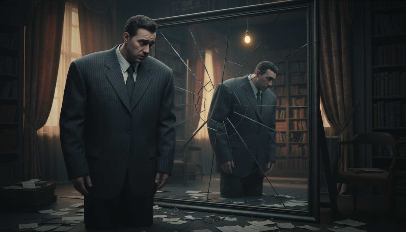 رجل يرتدي بدلة رسمية أكبر من مقاسه يقف أمام مرآة متشققة في إضاءة خافتة ترمز لوهم السلطة وانكشاف العجز.